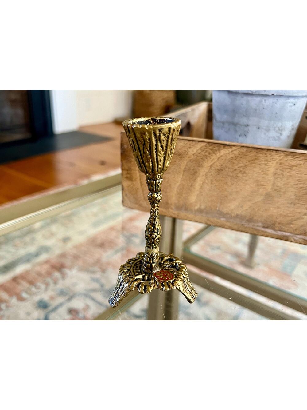 Vtg Mid Century Judaica Brass Brutalist Shabbat Candle Holder
